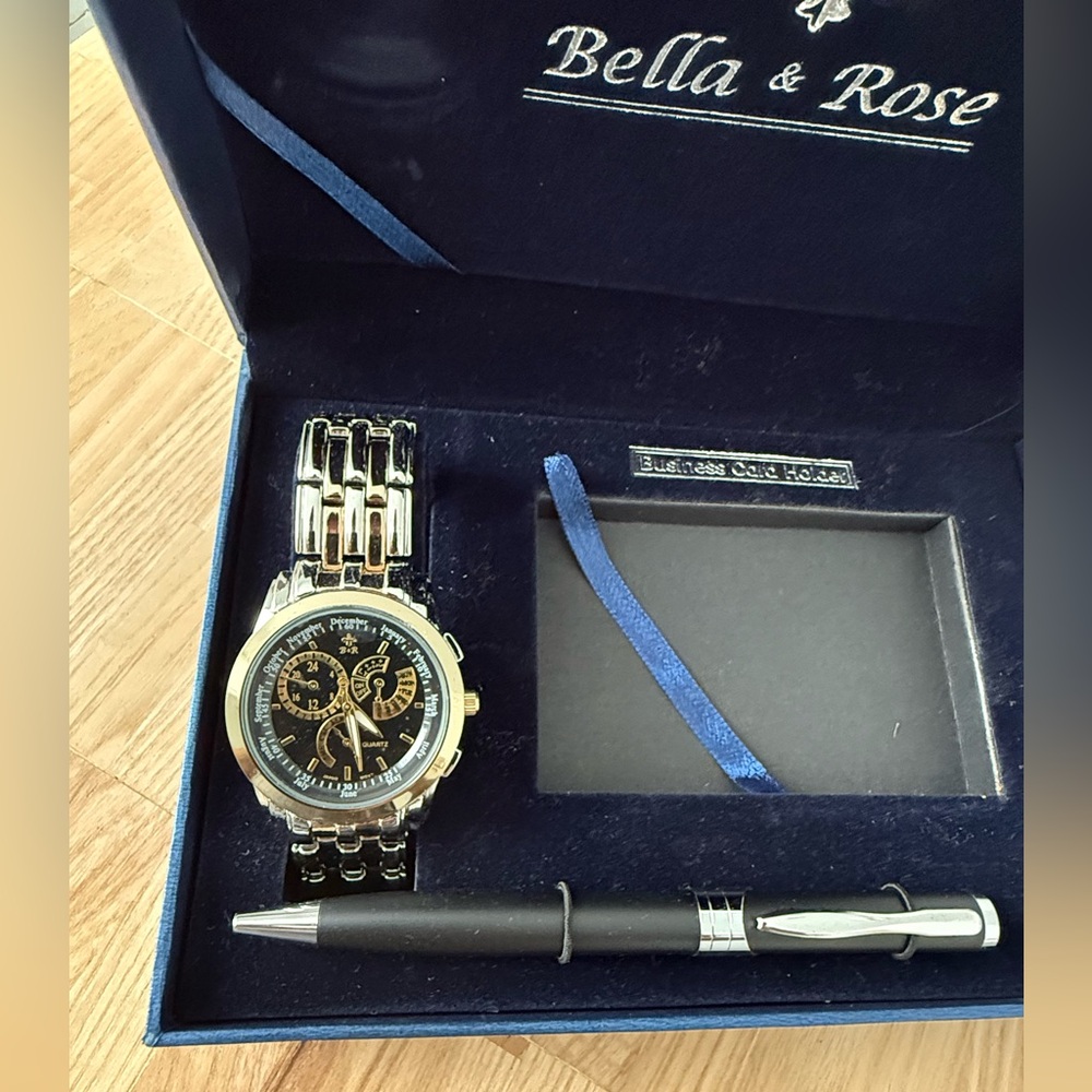 Bella & Rose Men’s Watch Gift Set w/Pen Two-Tone Bracelet Black Dial New